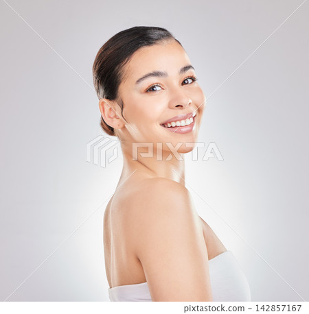 Woman, portrait and smile for wellness, beauty and health in studio with natural skin glow or shine. Girl, face and happy for self care, aesthetic and facial transformation on white background Woman, portrait and smile for wellness, beauty and health in studio with natural skin glow or shine. Girl, face and happy for self care, aesthetic and facial transformation on white background 142857167