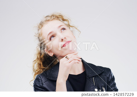 Idea, confused and woman with doubt for problem solving, brainstorming or solution isolated on white studio background. Vision, thinking and planning future, decision or reflection for inspiration Idea, confused and woman with doubt for problem solving, brainstorming or solution isolated on white studio background. Vision, thinking and planning future, decision or reflection for inspiration 142857229