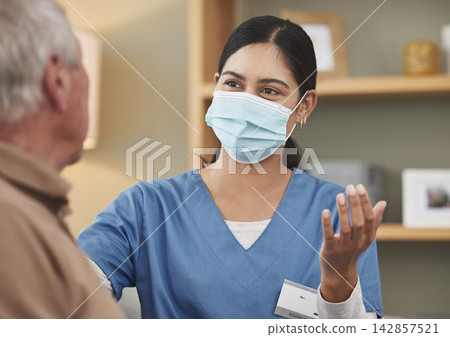 Senior care, man and nurse in mask with support, advice or kindness at nursing home together. Healthcare, elderly person and caregiver on couch with respect, help and homecare in retirement in lounge Senior care, man and nurse in mask with support, advice or kindness at nursing home together. Healthcare, elderly person and caregiver on couch with respect, help and homecare in retirement in lounge 142857521