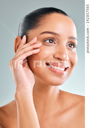 Woman, smile and glowing for skincare, dermatology and wellness in studio with healthy skin. Girl, aesthetic and natural shine for cosmetics, facial beauty and spa on white background in France Woman, smile and glowing for skincare, dermatology and wellness in studio with healthy skin. Girl, aesthetic and natural shine for cosmetics, facial beauty and spa on white background in France 142857565