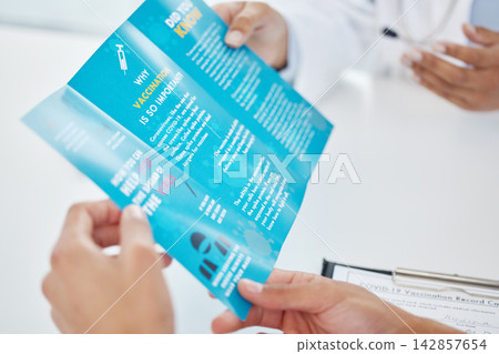 Medical, brochure and hands of doctor with patient in hospital for consulting, health information or virus. Safety, pandemic and GP with advice for disease, protection or covid vaccination in clinic Medical, brochure and hands of doctor with patient in hospital for consulting, health information or virus. Safety, pandemic and GP with advice for disease, protection or covid vaccination in clinic 142857654