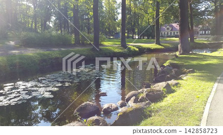 Scenic Park Canal Lined with Big Rocks and Tree Reflections 142858723