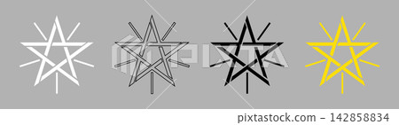 Set of black, white, black contour, golden pentagram silhouette from flag of Ethiopia simple badge, sticker. National emblem outline flat icons. Set of black, white, black contour, golden pentagram silhouette from flag of Ethiopia simple badge, sticker. National emblem outline flat icons. 142858834