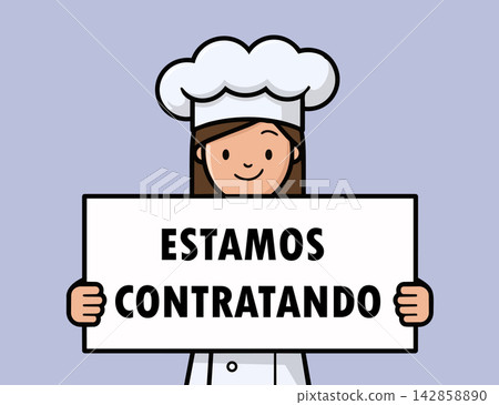Female Chef Holding Estamos Contratando Hiring Sign Board Female Chef Holding Estamos Contratando Hiring Sign Board 142858890