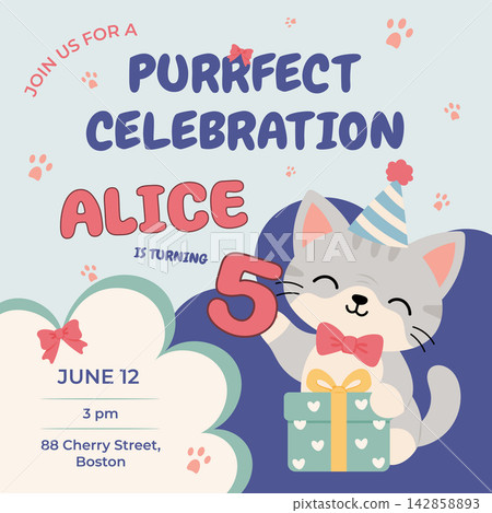 Cat birthday invitation card template with kitten, party hat, gift box, bow, paw prints for kids celebration layout Cat birthday invitation card template with kitten, party hat, gift box, bow, paw prints for kids celebration layout 142858893