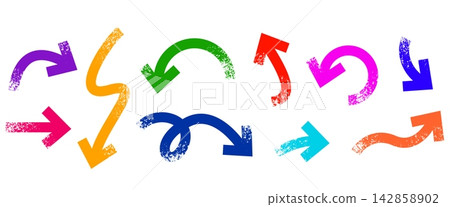 Colorful arrow vector set with textured hand-drawn doodle pointers, curves, swirls. Vibrant sketchy direction icons isolated on white background, ideal design, creative notes Colorful arrow vector set with textured hand-drawn doodle pointers, curves, swirls. Vibrant sketchy direction icons isolated on white background, ideal design, creative notes 142858902