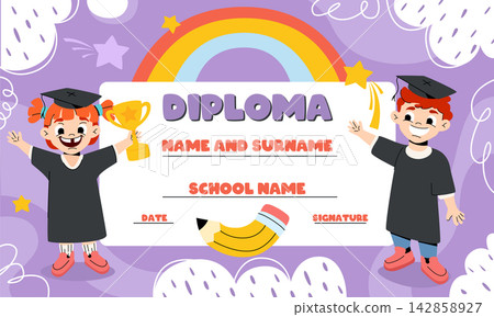 Colorful school diploma template for kids and children with doodle art elements Colorful school diploma template for kids and children with doodle art elements 142858927