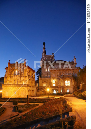 Night view of the Palace Hotel Dobusaco in Dobusaco National Park near Coimbra, Portugal. Night view of the Palace Hotel Dobusaco in Dobusaco National Park near Coimbra, Portugal. 142858989