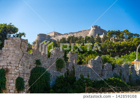 Ancient stone walls covered in greenery with a historic fortress visible atop a hill in the background under a clear blue sky in Hvar, Croatia Ancient stone walls covered in greenery with a historic fortress visible atop a hill in the background under a clear blue sky in Hvar, Croatia 142859108