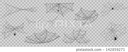 Gothic web silhouettes with spiders, border for decoration, creepy web hanging set on transparent background. Spider web halloween frame. Halloween cobwebs, corner web collection Gothic web silhouettes with spiders, border for decoration, creepy web hanging set on transparent background. Spider web halloween frame. Halloween cobwebs, corner web collection 142859271