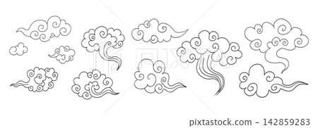 Asian traditional cloud set wavy curly ornament. China ornament, eastern decoration doodle, line. Clouds flow with the wind in the sky. 142859283