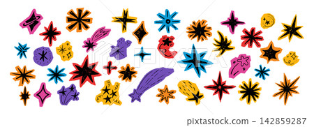 Crayon star scrapbook on paper piece, cutout scribble collage sticker. Doodle starburst set. Paper cut chalk or pencil drawn funky elements on torn edges. Crayon star scrapbook on paper piece, cutout scribble collage sticker. Doodle starburst set. Paper cut chalk or pencil drawn funky elements on torn edges. 142859287