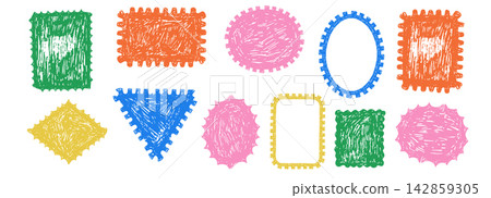 Crayon hand drawn stamp doodle and sketch drawing, Postage stamps shapes form a whimsical texture. Set borders, frames collage background. Playful pastel elements for creative projects. Crayon hand drawn stamp doodle and sketch drawing, Postage stamps shapes form a whimsical texture. Set borders, frames collage background. Playful pastel elements for creative projects. 142859305