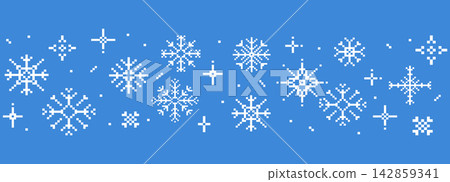 Pixel snowflake winter seamless border. Y2k pixel 8 bit flake, ice crystal Christmas divider, retro gaming elements. Cyber aesthetic, simple holiday ornaments and snowy decorative shapes. Pixel snowflake winter seamless border. Y2k pixel 8 bit flake, ice crystal Christmas divider, retro gaming elements. Cyber aesthetic, simple holiday ornaments and snowy decorative shapes. 142859341
