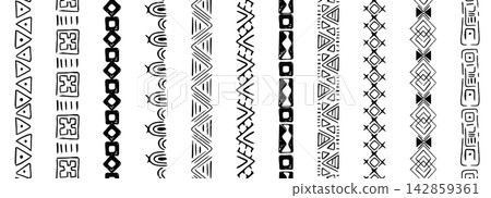 Tribal border set with African motifs crayon scribbles geometric patterns. Polynesian lines and ancient wave designs for ethnic decor projects. Tribal border set with African motifs crayon scribbles geometric patterns. Polynesian lines and ancient wave designs for ethnic decor projects. 142859361