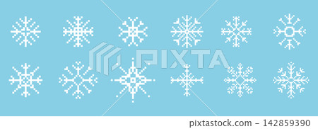 Pixel snowflake winter retro decoration. Y2k pixel 8 bit flake, ice crystal Christmas atmosphere, retro gaming elements. Cyber aesthetic, simple holiday ornaments and snowy decorative shapes. Pixel snowflake winter retro decoration. Y2k pixel 8 bit flake, ice crystal Christmas atmosphere, retro gaming elements. Cyber aesthetic, simple holiday ornaments and snowy decorative shapes. 142859390