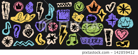 Scrapbook sticker collection with doodles, hearts, stars, music notes scribbles cutout paper set. Y2K aesthetic scribble textured collage elements for scrapbook projects. Scrapbook sticker collection with doodles, hearts, stars, music notes scribbles cutout paper set. Y2K aesthetic scribble textured collage elements for scrapbook projects. 142859412