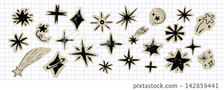 Crayon star scrapbook on paper piece, cutout scribble collage stickers on notebook grid. Doodle starburst set. Paper cut chalk or pencil drawn funky elements on torn edges. Crayon star scrapbook on paper piece, cutout scribble collage stickers on notebook grid. Doodle starburst set. Paper cut chalk or pencil drawn funky elements on torn edges. 142859441