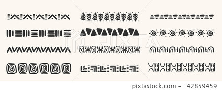 Tribal border set with African motifs crayon scribbles geometric patterns. Polynesian lines and ancient wave designs for ethnic decor projects. Tribal border set with African motifs crayon scribbles geometric patterns. Polynesian lines and ancient wave designs for ethnic decor projects. 142859459