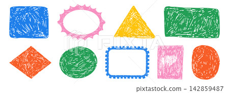 Crayon hand drawn stamp doodle and sketch drawing, Postage stamps shapes form a whimsical texture. Set borders, frames collage background. Playful pastel elements for creative projects. 142859487