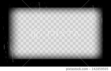 Retro cinematic frame, cinema screen film border. Blank film strip with empty space overlay. Horizontal tape border, grunge textured silhouette. Video photo reel on transparent background  142859505