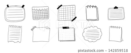 Memo sticky notes, set paper reminder. Doodle pages with tape, marks, pin, paperclip frames doodle style. Notebook bullet dairy list, funny retro drawing. Memo sticky notes, set paper reminder. Doodle pages with tape, marks, pin, paperclip frames doodle style. Notebook bullet dairy list, funny retro drawing. 142859518