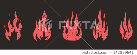 Flame crayon sketch with grunge texture set on dark background, Y2K scrapbook projects, bonfire stickers. Paper cutout fire, crayon, chalk texture hand drawn. Hot punk aesthetics with rough flame 142859641