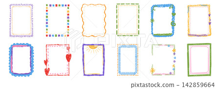 Crayon frame set, cute kindergarten pencil drawing. Childlike scribble doodle texture, hand drawn borders for decoration. Kid frame crayon box, textured whimsical wax pen border set. Crayon frame set, cute kindergarten pencil drawing. Childlike scribble doodle texture, hand drawn borders for decoration. Kid frame crayon box, textured whimsical wax pen border set. 142859664