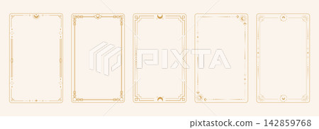 Celestial boho set gold frames, dividers. Esoteric deco borders Elegant thin lines, moon crescent, sun, stars decorations on beige background. Tarot card template, occult design Celestial boho set gold frames, dividers. Esoteric deco borders Elegant thin lines, moon crescent, sun, stars decorations on beige background. Tarot card template, occult design 142859768
