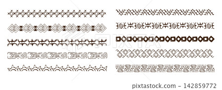 Tribal border set with African motifs crayon scribbles geometric patterns. Polynesian lines and ancient wave designs for ethnic decor projects. Tribal border set with African motifs crayon scribbles geometric patterns. Polynesian lines and ancient wave designs for ethnic decor projects. 142859772