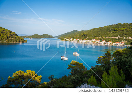 Panoramic view of Polace village on Mljet Island Croatia overlooking the Adriatic Sea. Peaceful Mediterranean coastal destination with anchored sailboats. Panoramic view of Polace village on Mljet Island Croatia overlooking the Adriatic Sea. Peaceful Mediterranean coastal destination with anchored sailboats. 142859783