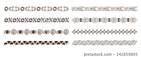 Tribal border set with African motifs crayon scribbles geometric patterns. Polynesian lines and ancient wave designs for ethnic decor projects. Tribal border set with African motifs crayon scribbles geometric patterns. Polynesian lines and ancient wave designs for ethnic decor projects. 142859805