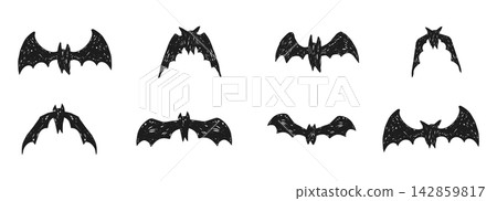 Flying bat, bat flock. Crayon doodle hand drawn set. Dark silhouette halloween decorations. Black gothic Halloween icons with wings spread, ideal for spooky party decor, vampire stickers, and scary s Flying bat, bat flock. Crayon doodle hand drawn set. Dark silhouette halloween decorations. Black gothic Halloween icons with wings spread, ideal for spooky party decor, vampire stickers, and scary s 142859817