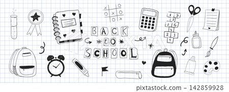Back to school doodle set. School stationery, supplies for educational backgrounds, student projects. Back to school background with notebooks, backpack and globe. Back to school doodle set. School stationery, supplies for educational backgrounds, student projects. Back to school background with notebooks, backpack and globe. 142859928