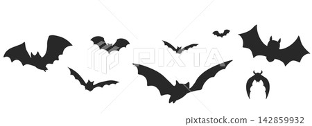 Flying bat flock, silhouette set. Halloween flying group of creatures. Bat silhouettes create spooky Halloween atmosphere. Flying bat flock, silhouette set. Halloween flying group of creatures. Bat silhouettes create spooky Halloween atmosphere. 142859932