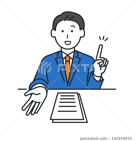 An illustration of a business person smiling and explaining while pointing to a document. An illustration of a business person smiling and explaining while pointing to a document. 142859933