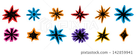 Crayon star scrapbook on paper piece, cutout scribble collage sticker. Doodle starburst set. Paper cut chalk or pencil drawn funky elements on torn edges. Crayon star scrapbook on paper piece, cutout scribble collage sticker. Doodle starburst set. Paper cut chalk or pencil drawn funky elements on torn edges. 142859941