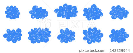 Cloud frame, fluffy border crayon doodle sticker with scallop badges. Set rounded blobs stickers. Scribble clouds pencil bubble. Kids Style, childlike drawing. Cloud frame, fluffy border crayon doodle sticker with scallop badges. Set rounded blobs stickers. Scribble clouds pencil bubble. Kids Style, childlike drawing. 142859944