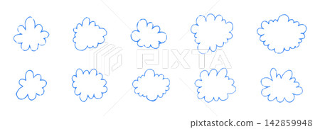 Cloud frame, fluffy border crayon doodle sticker with scallop badges. Set rounded blobs stickers. Scribble clouds pencil bubble. Kids Style, childlike drawing. Cloud frame, fluffy border crayon doodle sticker with scallop badges. Set rounded blobs stickers. Scribble clouds pencil bubble. Kids Style, childlike drawing. 142859948