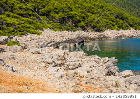 Soline Channel connecting Veliko Jezero in Mljet National Park with the Adriatic Sea on Mljet Island Croatia. Unique coastal landscape where saltwater lake meets the open sea. Soline Channel connecting Veliko Jezero in Mljet National Park with the Adriatic Sea on Mljet Island Croatia. Unique coastal landscape where saltwater lake meets the open sea. 142859951