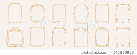 Art nouveau frame set with ornate botanical flourishes and decorative borders. Collection elegant vintage ornaments featuring elegant vines, floral emblems, and deco style ornamental elements Art nouveau frame set with ornate botanical flourishes and decorative borders. Collection elegant vintage ornaments featuring elegant vines, floral emblems, and deco style ornamental elements 142859958