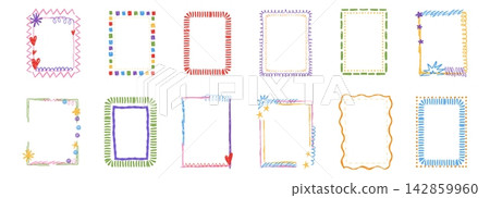 Crayon frame set, cute kindergarten pencil drawing. Childlike scribble doodle texture, hand drawn borders for decoration. Kid frame crayon box, textured whimsical wax pen border set. Crayon frame set, cute kindergarten pencil drawing. Childlike scribble doodle texture, hand drawn borders for decoration. Kid frame crayon box, textured whimsical wax pen border set. 142859960