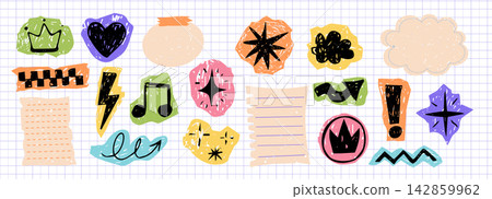 Scrapbook sticker collection with doodles, hearts, stars, music notes scribbles cutout paper set. Y2K aesthetic scribble textured collage elements for scrapbook projects. Scrapbook sticker collection with doodles, hearts, stars, music notes scribbles cutout paper set. Y2K aesthetic scribble textured collage elements for scrapbook projects. 142859962