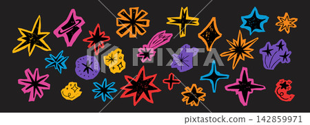 Crayon star scrapbook on paper piece, cutout scribble collage sticker. Doodle starburst set. Paper cut chalk or pencil drawn funky elements on torn edges.  142859971