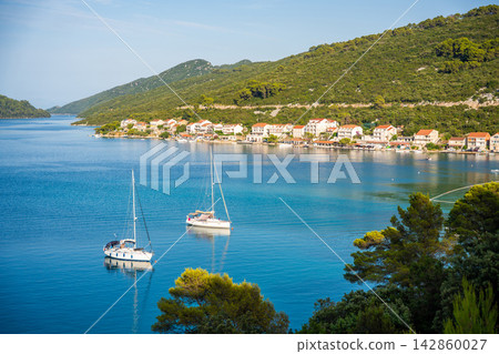 Panoramic view of Polace village on Mljet Island Croatia overlooking the Adriatic Sea. Peaceful Mediterranean coastal destination with anchored sailboats. Panoramic view of Polace village on Mljet Island Croatia overlooking the Adriatic Sea. Peaceful Mediterranean coastal destination with anchored sailboats. 142860027