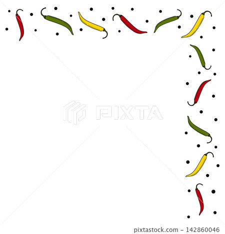 Corner border uses red, yellow and green chili peppers and black peppercorns along the top and right. Isolated Vector illustration for recipe pages, spice packaging, cafe menus and kitchen stationery Corner border uses red, yellow and green chili peppers and black peppercorns along the top and right. Isolated Vector illustration for recipe pages, spice packaging, cafe menus and kitchen stationery 142860046
