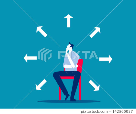 Difficult choice. Confused businessman choosing directions. Difficult choice. Confused businessman choosing directions. 142860057