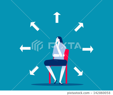 Difficult choice. Confused businesswoman choosing directions. Difficult choice. Confused businesswoman choosing directions. 142860058