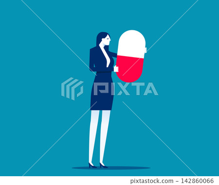 Includes pill. Businesswoman holding a pill. Conveying modern healthcare and medical treatment concepts. 142860066