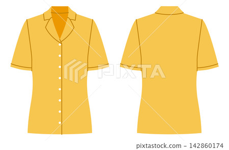 Yellow short sleeve shirt with collar neckline and button closure. Technical fashion illustration in flat color, front and back views, clean silhouette, modern apparel design. Yellow short sleeve shirt with collar neckline and button closure. Technical fashion illustration in flat color, front and back views, clean silhouette, modern apparel design. 142860174
